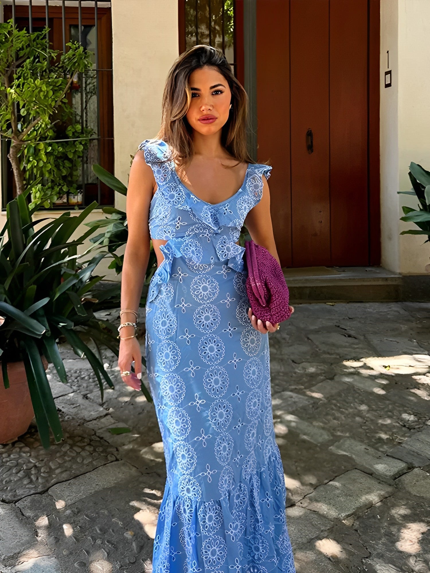Vestido Feminino Longo Laise Recortes na Cintura e Babados - Catarina